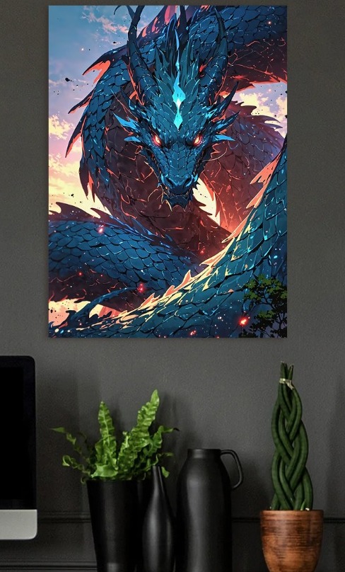 Infernal Azure The Flame-Scaled Dragon — metal poster wall art by Lineer
